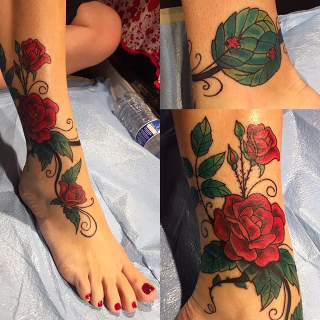 Mostly free handed this design for this fun cover-up tattoo, thanks Talitha! #ladytattooer #portlandtattoo #clairewestover #rosetattoo