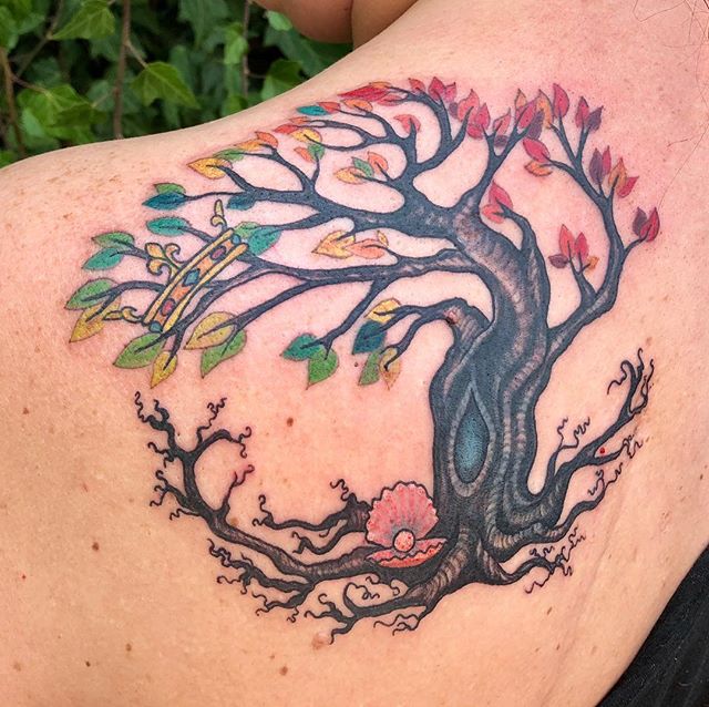 Tree of life with hidden crown and a shell with pearl. A tribute to Kate’s two nieces and nephew️Thanks Kate! #treetattoo #treeoflife #treeoflifetattoo #portlandtattoo #pdxtattoo #mobiletattoostudio #ladytattooers #fopo