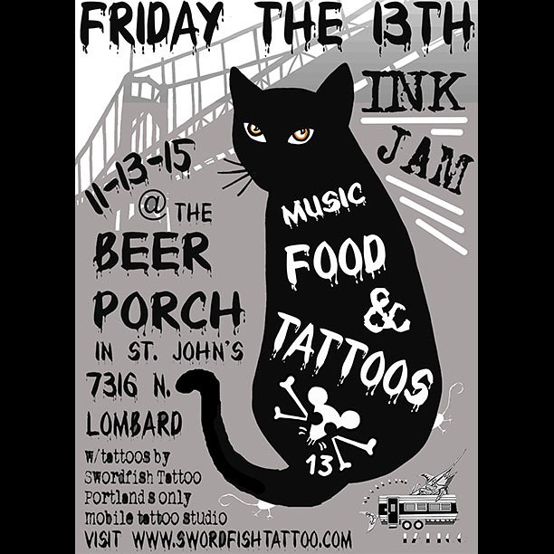 Swordfish Tattoo will be in StJohn's at the Beer Porch doing small custom tattoos at great prices on Friday the 13th! Come check out Portland's only mobile tattoo studio! #mobiletattooing #fridaythe13th #stjohnsbridge #stjohnspdx #beerporch