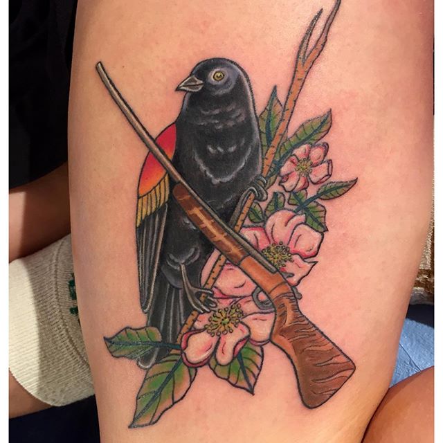 A tribute to a rifle, a mom, and a bastard ass redwing blackbird. Thanks Mandy! @mandydecaire #redwingblackbird #winchester #winchester410 #portlandtattoo #ladytattooer #mobiletattooing