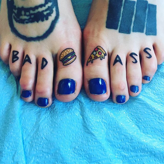 Did some bad-ass toes the other day! Thanks Lara! #burgertattoo #pizzatattoo #bevisandbutthead #toetattoo