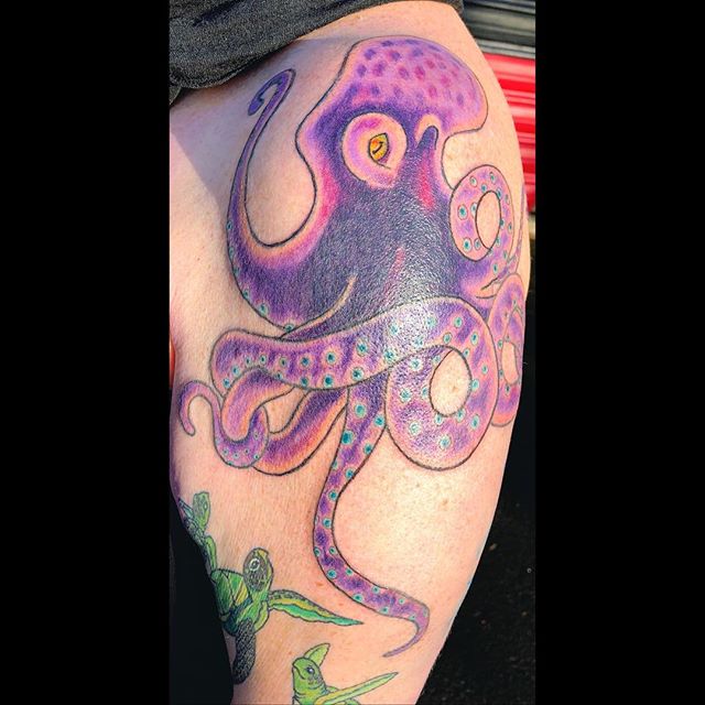 Octopus cover up for Ellie, part of a whole sea-themed sleeve we are working on. #octopustattoo #ladytattooers #chickswithtattoos #seatattoo #coveruptattoo #portlandtattoo