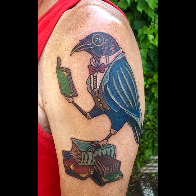 A dapper and well-educated crow for Ed, his first tattoo! Thanks Ed! #portland #portlandtattoo #pdxtattoo #ladytattooer #bowtiesfordays #dapper #crowtattoo #booksarelife #readmore