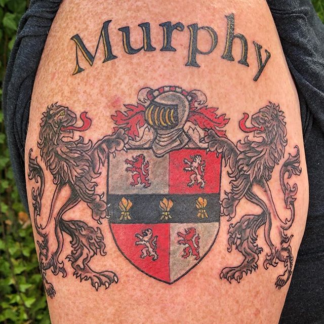 Murphy family crest cover-up tattoo for Joe who sat like a rock, thanks Joe! #murphy #familycrest #familycresttattoo #irishpride #portlandtattoo #pdxtattoo #ladytattooers #coveruptattoo
